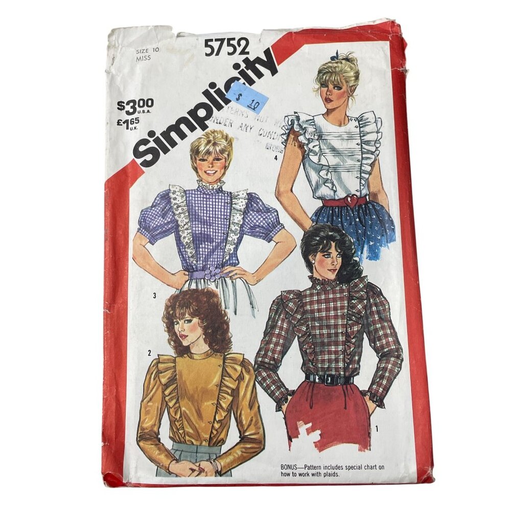 80s Simplicity 5752 Misses Ruffled Blouse Sewing Pattern Size 10 Vintage CUT